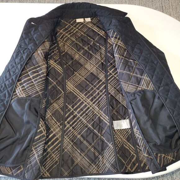 Chico's  Black X-Small Quilted Jacket Plaid Lining Collared Buttons Lightweight - Picture 12 of 15